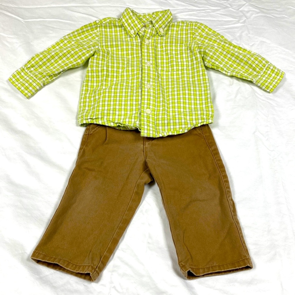 Gymboree boys two piece outfit with green and white shirt size 12 to 18 months
